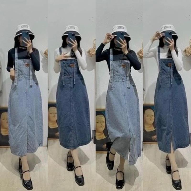 Váy Yếm Bò Xanh Túi Mác Tag Da Dây Khoá Móc Dáng Dài dành cho nữ dễ thương @IMAYBI.14