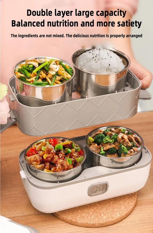 Product Introduction of Portable Electric Lunch Box Heating Single Double Layers Stainless Steel Cooking Lunch Boxes Food Storage Warmer Container Mini Rice Cooker Steamer Tableware 17