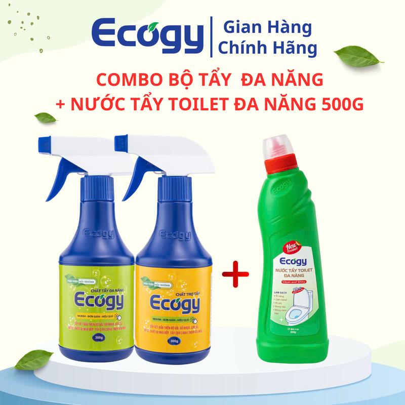 [ECOGY]; COMBO BỘ TẨY ĐA NĂNG 600g/2 CHAI + 1 CHAI NƯỚC TẨY TOILET ĐA NĂNG 500g; Hỗ trợ làm sạch mốc, thâm kim, két mồ hôi, vết đồ ăn uống bám trên quần áo; Làm sạch ố vàng, cặn canxi, rỉ sét, mốc bẩn trên bồn cầu, chậu rửa mặt, vách kính, sàn gạch.