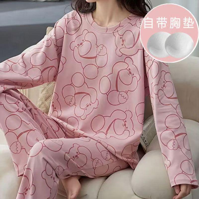 Bộ Đồ Ngủ Có Đệm Ngực Chất Liệu Cotton Nguyên Chất Thoải Mái Chất Lượng Cao Với Tay Dài Có thể Mặc Ngoài Trời Mùa Thu Và Mùa Đông Bộ Đồ Dễ Thương Hoạt Hình Che Núm Vú Cho Nữ Áo Chui Đầu Mặc Ở Nhà 0