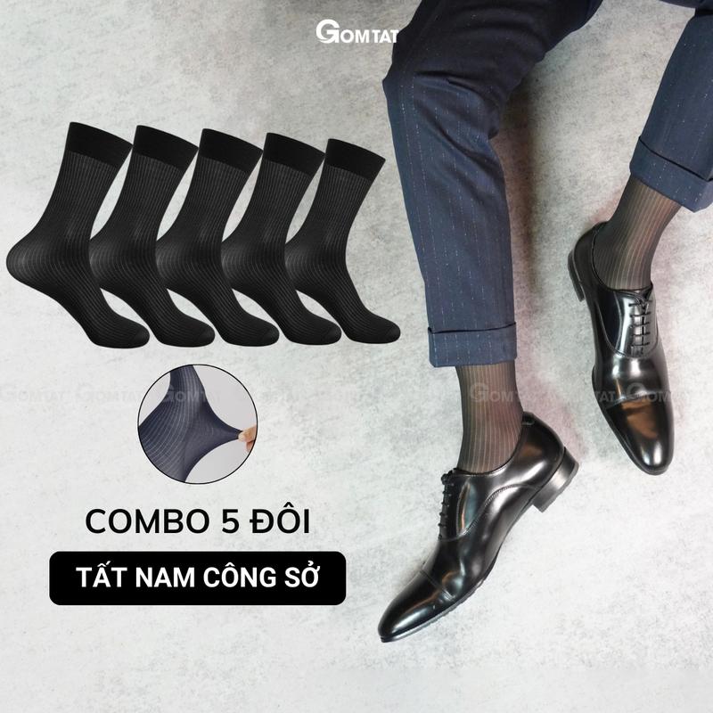 Hộp 5 đôi vớ công sở nam GOMTAT, tất nam đi giày tây chất liệu sợi nylon cao cấp, vớ cổ cao nam họa tiết sọc gân xuyên thấu, mềm mịn êm chân, Menswear - D16-A094-CB5