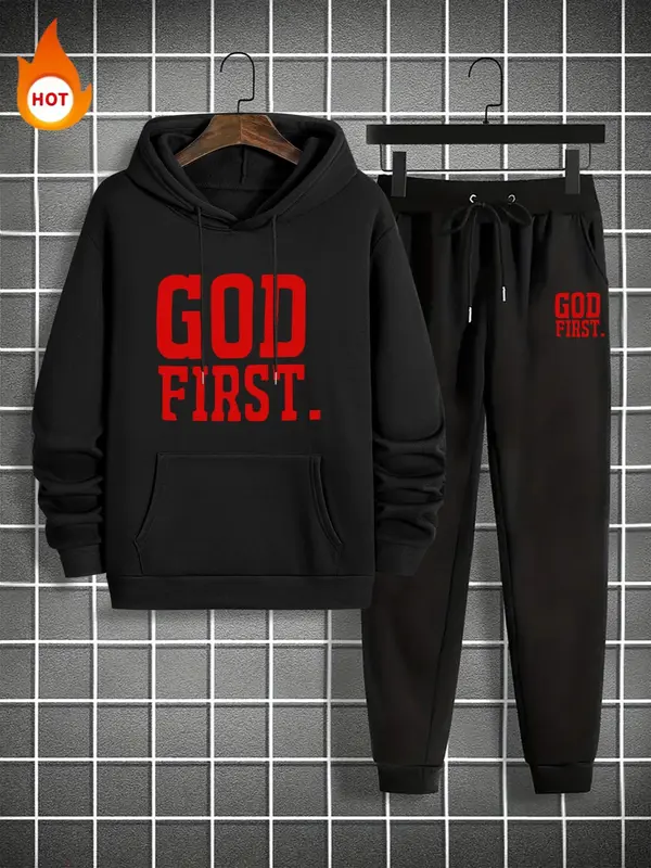 Men's Letter Print Hooded Sweatshirt & Drawstring Waist Sweatpants Two-piece Set, Casual Long Sleeve Hoodie & Pocket Jogger Pants for Fall & Winter, Men's Clothes for Daily Wear 2