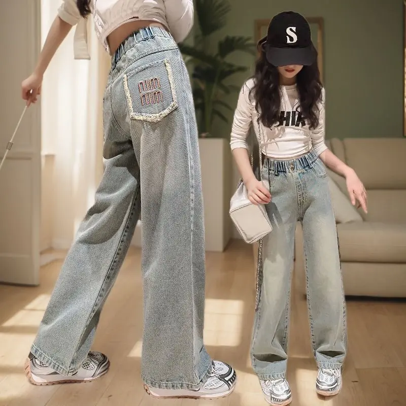 Girls' Pants Spring and Autumn New 2024 New Medium and Big Children Loose Western Style Children Outerwear Jeans Wide Leg Trousers
