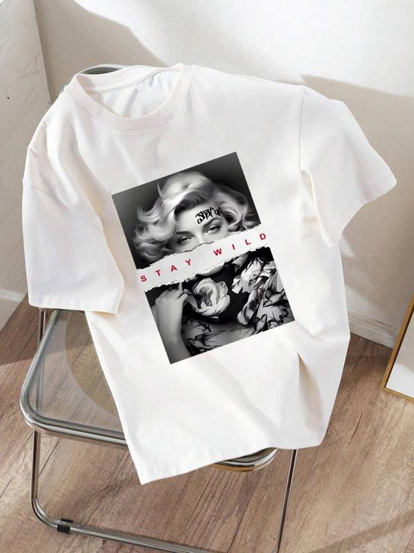 Women's Graphic Print Drop Shoulder Half Sleeve Tee, Fashion Casual Crew Neck T-shirt for Daily Holiday Vacation Outdoor Wear, Ladies Clothes for All Seasons 1