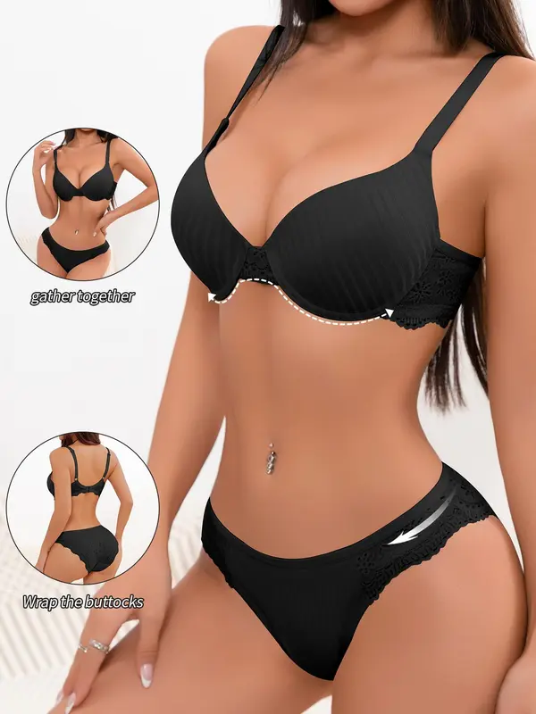 Women's Solid Adjustable Strap Lace Bra & Panty Two-Piece Set, Soft Comfy Breathable Lingerie Set for Daily Wear, Underwear Set for Women 3