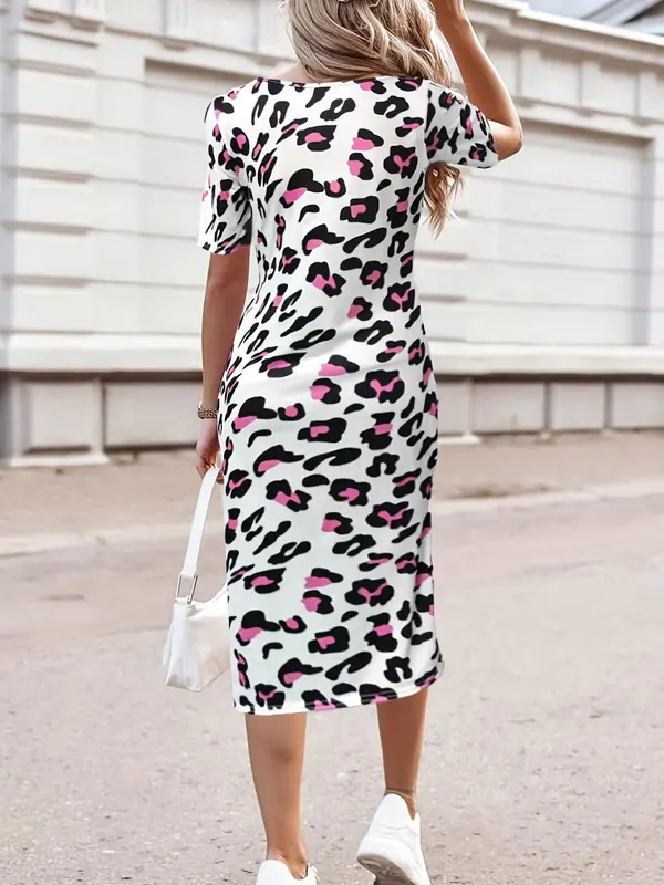 Women's Leopard Print Knot Front Split Hem Dress, Casual Short Sleeve Round Neck Dress for Summer, Ladies Clothes for Daily Wear, Womenswear, Summer Dresses 7