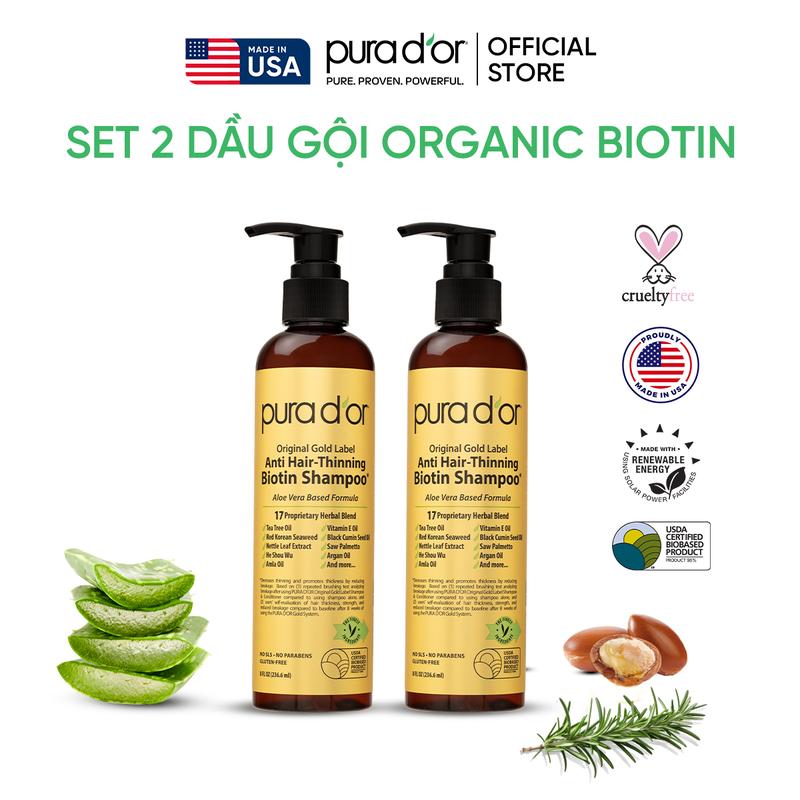 Combo 2 Dầu Gội Giảm Rụng Tóc Organic Pura D'or Biotin Gold Label 236ML | Chăm Sóc Tóc, Chăm Sóc Da Đầu, Dưỡng tóc, Hỗ Trợ Mọc Tóc