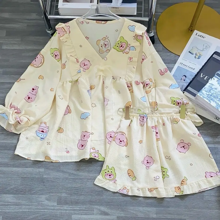 Bộ đồ ngủ babydoll tay dài vãi đũi mềm mát có bèo viền ren nhiều họa tiết