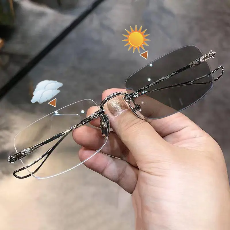 Photochromic Anti Radiation Frameless Glasses For Men Women Rimless Smart Transition Rectangle Eyeglasses Shades No Frame Eyeglass Computer Eyewear
