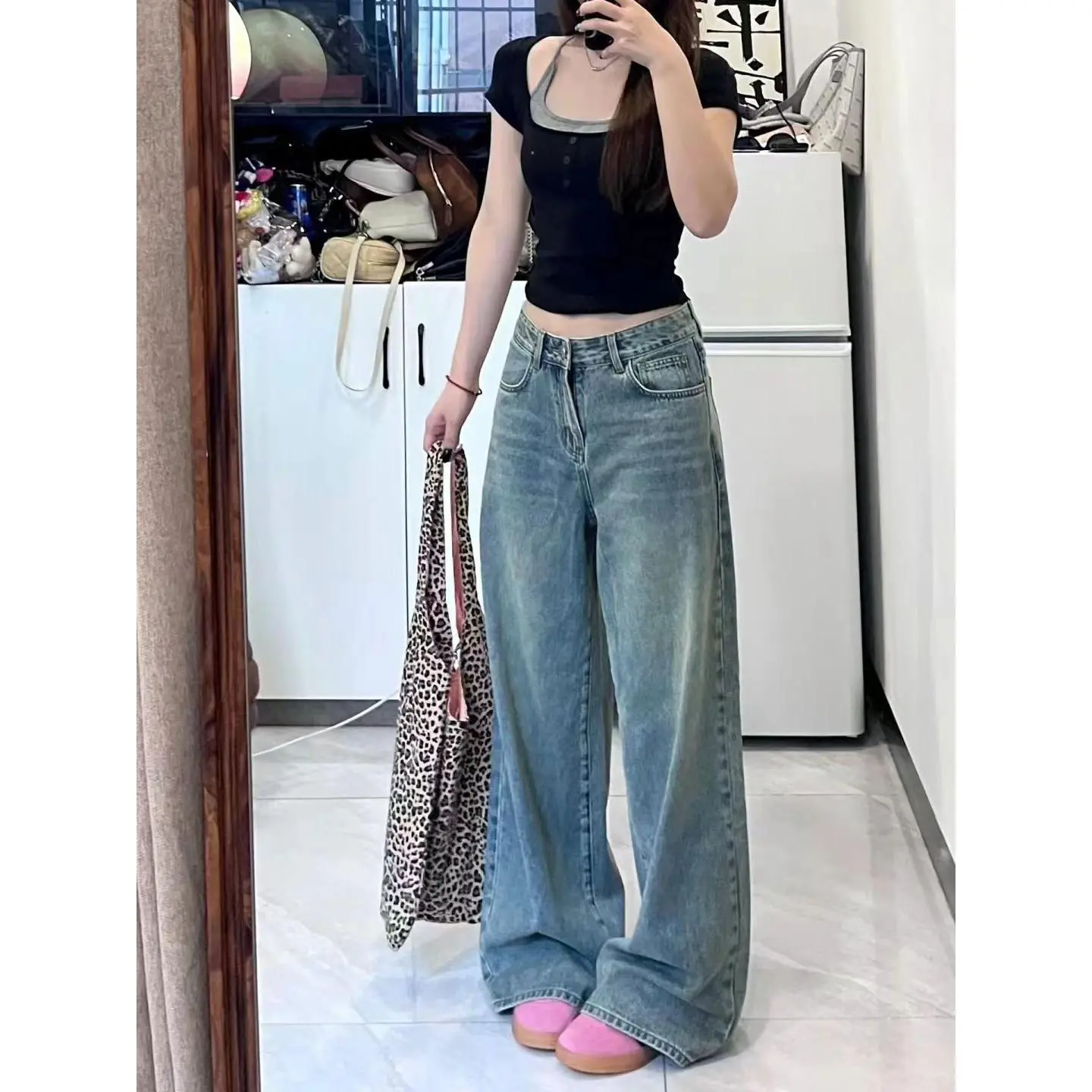 American Retro High Street Worn Jeans Women's Summer High Waist Slimming Wide-Leg Pants Straight-Leg Pants Mop Pants Fashion