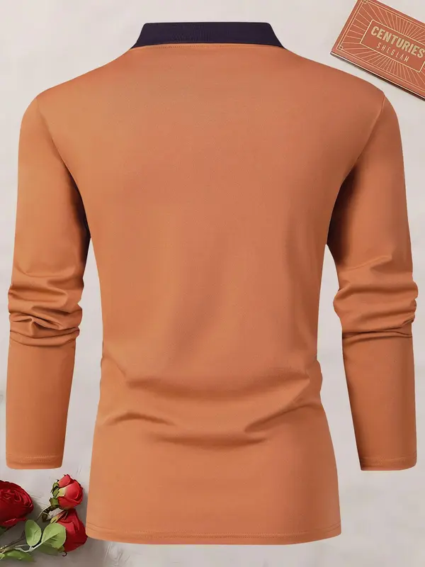 Men's Horse Print Quarter Zipper Polo Shirt, Contrast Collar Longsleeves Polo Shirt, Men's Drippy Outfits, Stylish Going Out Outfit 5