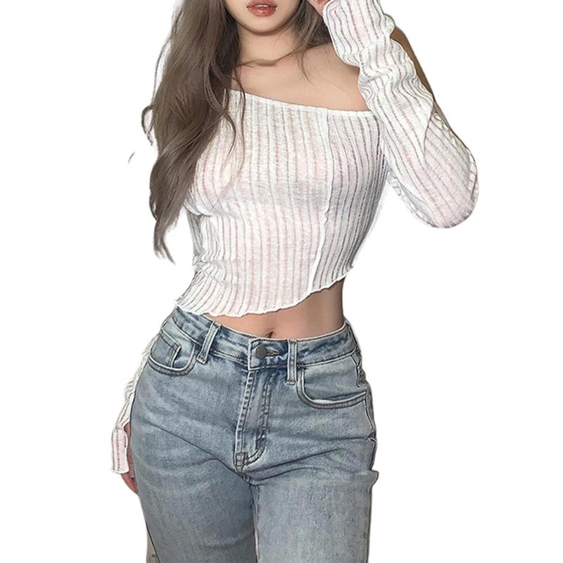 Product Introduction of dance1o1-Women Fashion Solid Color Oblique Shoulder Irregular Exposed Navel Tops 38