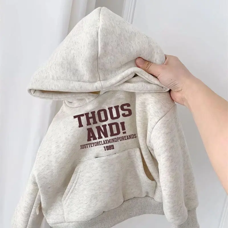 Áo Nỉ Có Mũ Trùm Đầu, Lót Lông Cừu, Dày Dặn, Dành Cho Trẻ Em, Bộ Sưu Tập Mới Thu Đông 2023, Thích Hợp Cho Bé Trai Và Bé Gái, Áo Một Mảnh, Phong Cách Phương Tây
