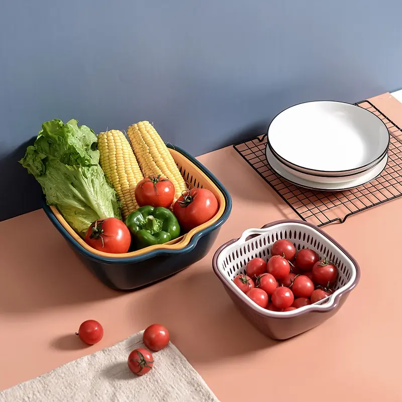 Set 6 món rổ kèm chậu bộ 3 rổ và chậu, thau nhựa rửa rau củ đựng hoa quả trái cây 2 lớp hình tròn chất liệu nhựa PP 3