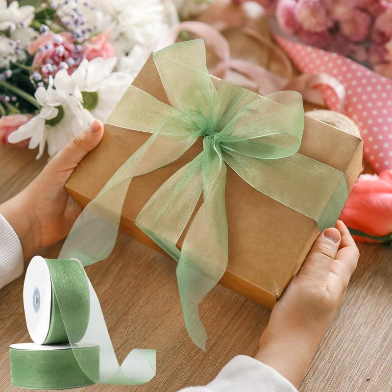 Organza Sheer Ribbon (2 Rolls), Clear Chiffon Sheer Fabric Ribbon, Decorative Ribbon for Wedding Birthday Party Gift Wrapping Flower Bouquet 2