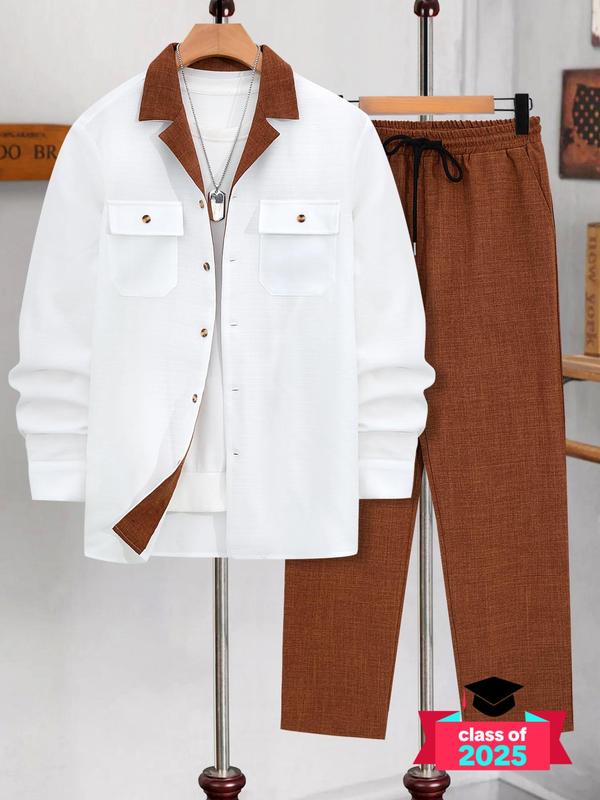 Men's Solid Button Front Longsleeves Shirt & Drawstring Waist Pants Set, Regular Fit Long Sleeve Lapel Neckline Top & Pocket Trousers, Casual Fashion Cozy Breathable Men Two-piece Outfits for Fall & Winter 1