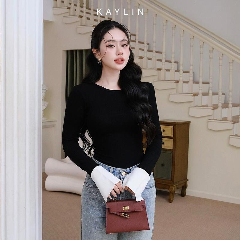  Áo Thun Nữ Cổ Tròn KAYLIN Tay Dài Phối Cổ Tay Chất Vải Thun Giấy Mềm Nhẹ Thoáng Mát Phong Cách - N2392 Nữ Top Women Sơ Mi 