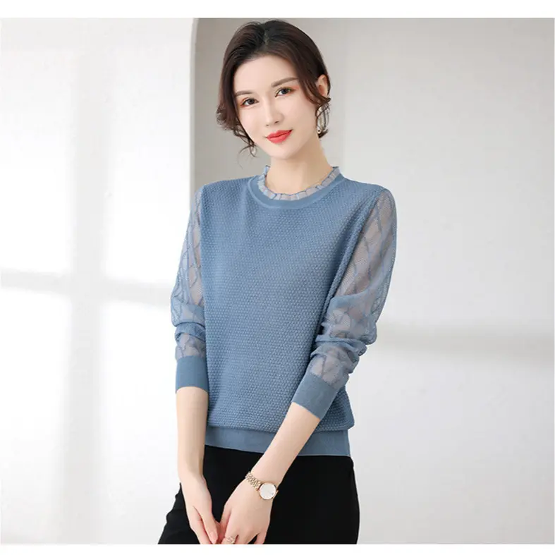 Đồ Len May Nối Ren, Hàng Mới Về, Thiết Kế Khoét Lỗ Dài Tay, Dành Cho Nữ, Phong Cách Đầu Thu, Loại Mỏng, Cổ Tròn, Áo Sơ Mi Lớp Nền Len, 2025