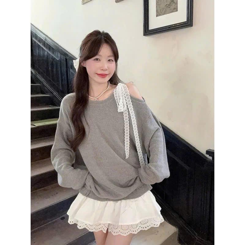 Váy xám lệch vai chất nỉ len buộc dây vai phối bèo tầng thô ren tặng kèm quần - Nữ - Women