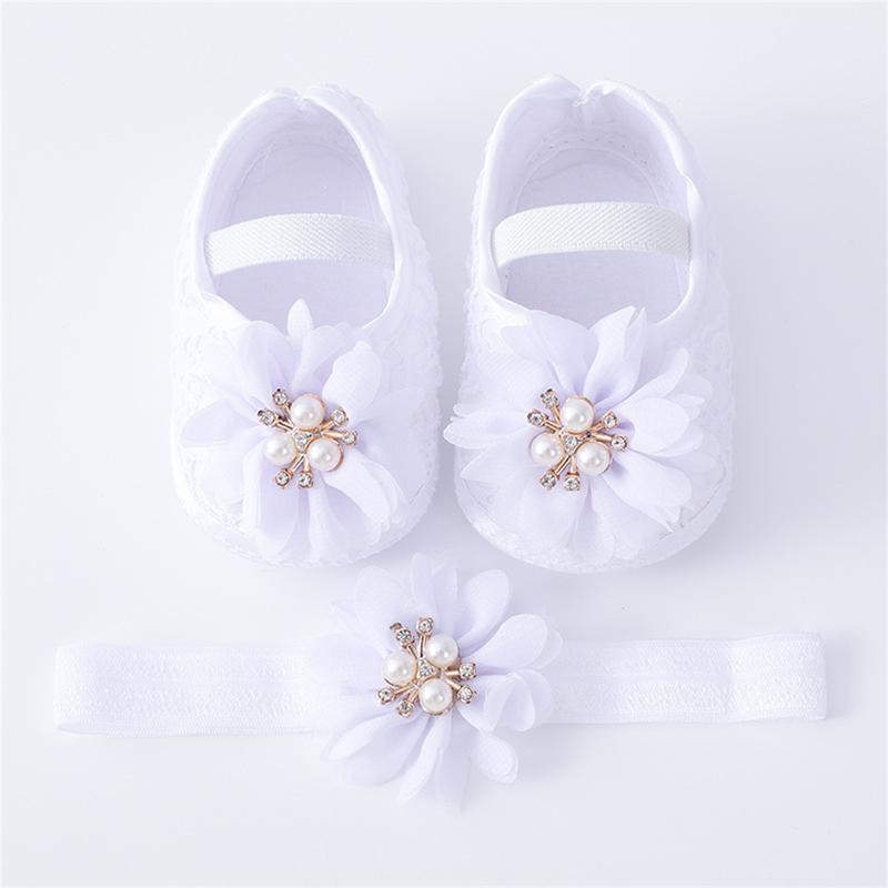 Baby Girls Flats and Headband Soft Sole Non-slip Pearl Flower Princess Wedding Dress Walking Shoes for Newborn 8