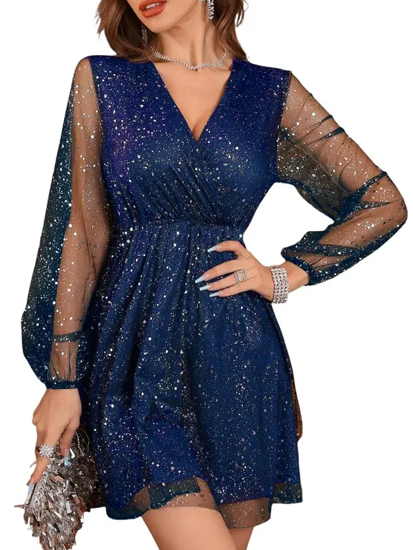Women's Glitter V Neck Wrap Sheer A Line Dress, Elegant Long Sleeve Short E Fancy Dress Women for Party Cocktail Prom, Ladies Spring & Fall Clothes, Fancy Dress Adult 2