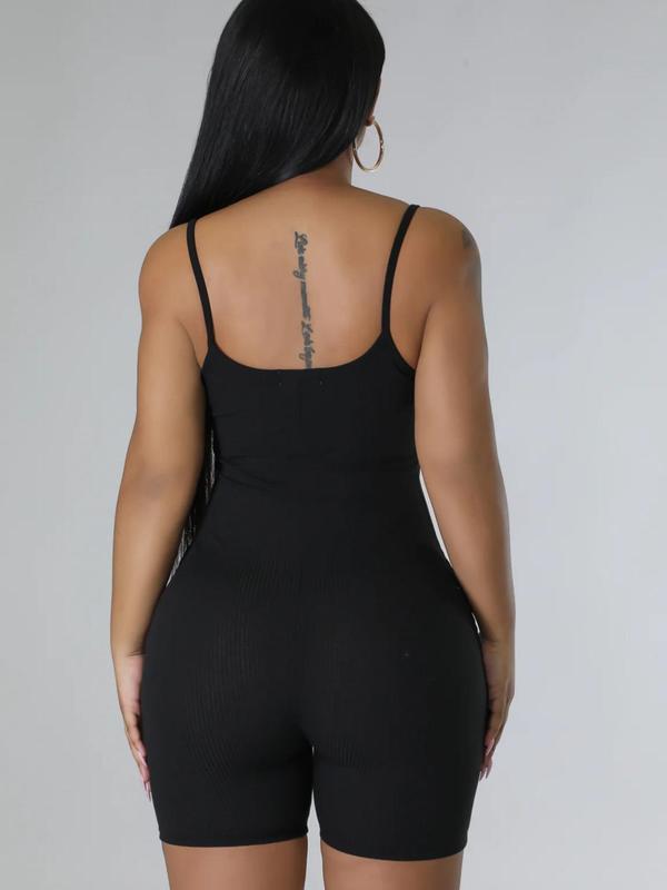 Women's Solid Color Notched Neck Cami Ribbed Romper, Casual Basic Spaghetti Strap Sleeveless Skinny Romper for Summer, Ladies Clothes for Daily Wear 1