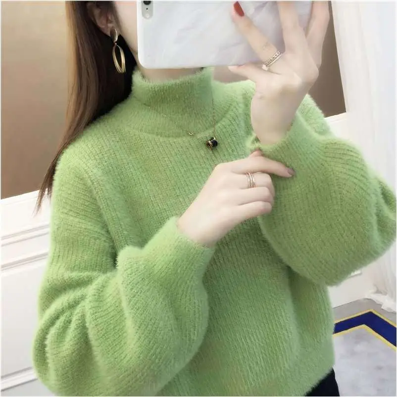 Áo Len Nữ, Lông Chồn Nhân Tạo, Áo Len Áo Chui Đầu Mùa Thu Và Mùa Đông, Phong Cách Thường Ngày Tay Phồng Ngắn, Áo Len Mặc Trong, Dày, Không Xơ Vải