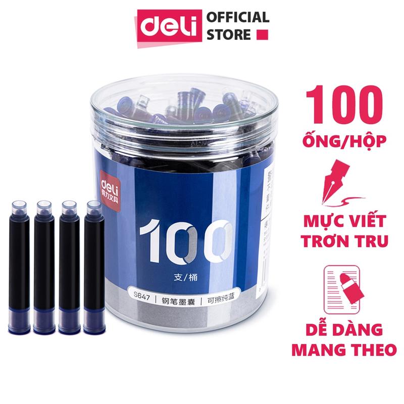 Hộp Set 100 ống mực tẩy xóa được Deli - Mực bút máy màu xanh, đen, mực đều viết trơn tru cho học sinh