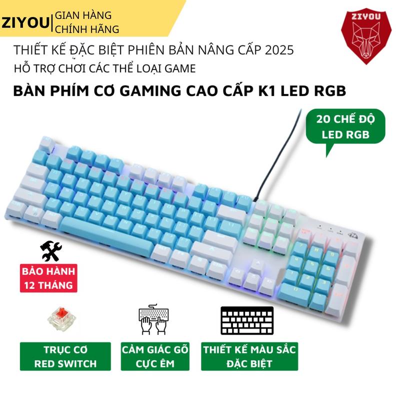 Bàn Phím CƠ Máy Tính Cao Cấp ZIYOU K1 Có 20 Chế Độ Led, Sử Dụng Trục Cơ Red Switch Gõ Siêu Êm, Bản Nâng Cấp 2024, Có 5 Màu Cực Đẹp, Thích Hợp Sử Dụng Cho Văn Phòng