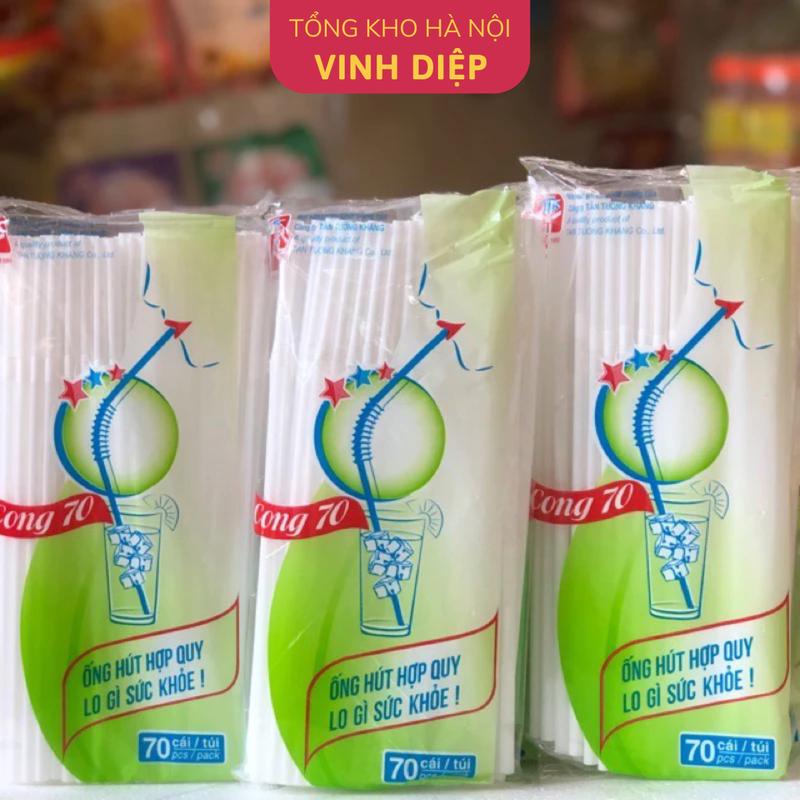 .Túi 70 ống hút nhựa gập cong màu trắng uống nước mía trà Tường Khang