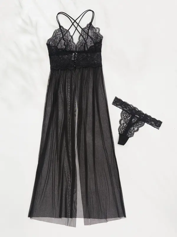 Women's Sheer Criss Cross Cami Nightdress & Scallop Trim Thong PJ Set, Breathable Split Lace Nightgown & Panty, Women's Loungewear For Summer, Summer Clothes Women 7