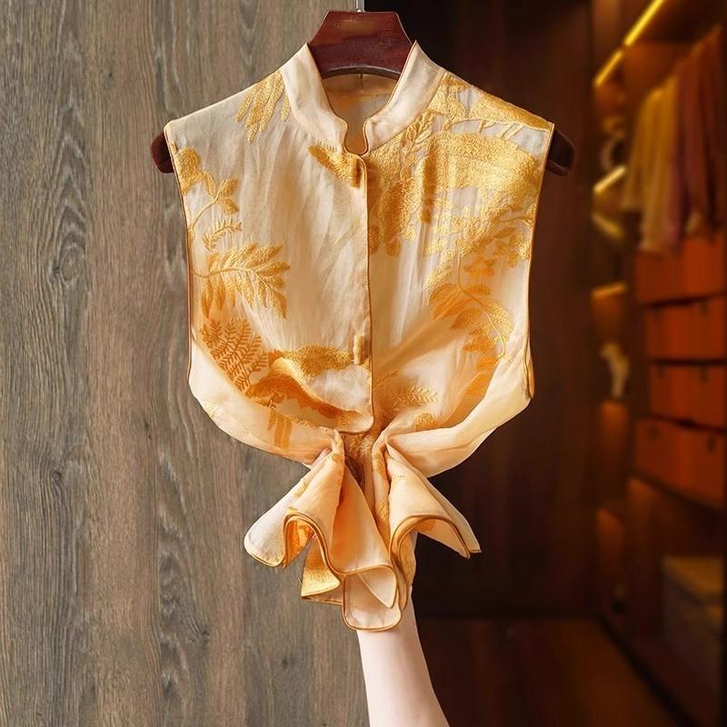 Product Introduction of New Summer Women Waistcoat New Chinese Vintage Embroidery Organza  Women Champagne Sleeveless Tops 1 Lingerie Clothing Button Solid 12
