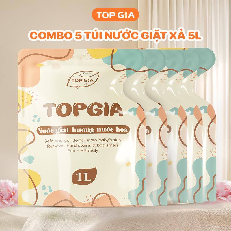 COMBO 5 túi nước giặt xả sắc hương Top Gia 1L, 2in1 tạo bọt vừa phải giúp làm sạch và mềm vải dễ dàng, lưu hương 24h