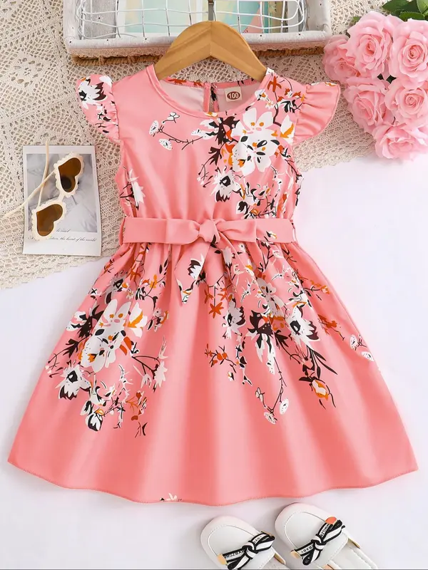 Girl's Floral Print Belted A Line Dress, Elegant Butterfly Sleeve Keyhole Back Dress for Summer, Kids Clothes for Daily Wear 0
