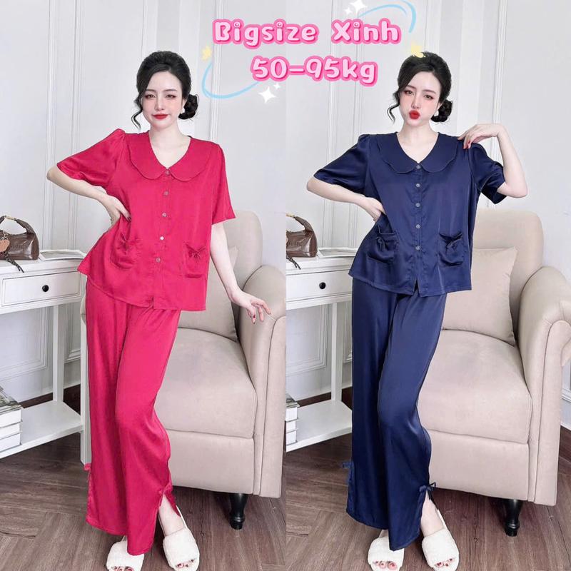 Bộ đồ ngủ nữ bigsize dài tiểu thư đồ mặc nhà lụa latin mềm mát áo tay ngắn quần dài cổ sen hai túi áo,quần xẻ gắn nơ xinh