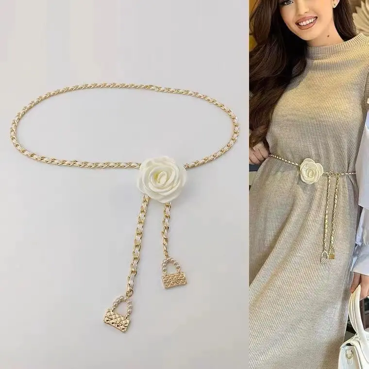 Dây Chuyền Đeo Hông Ngọc Trai Hoa Trà, Thắt Lưng Có Thể Điều Chỉnh Hoa Đen Trắng, Dây Chuyền Đeo Hông Dễ Phối Đồ Thích Hợp Cho Váy, Áo Sơ Mi Và Váy, Thắt Lưng Sành Điệu Trang Trí 2