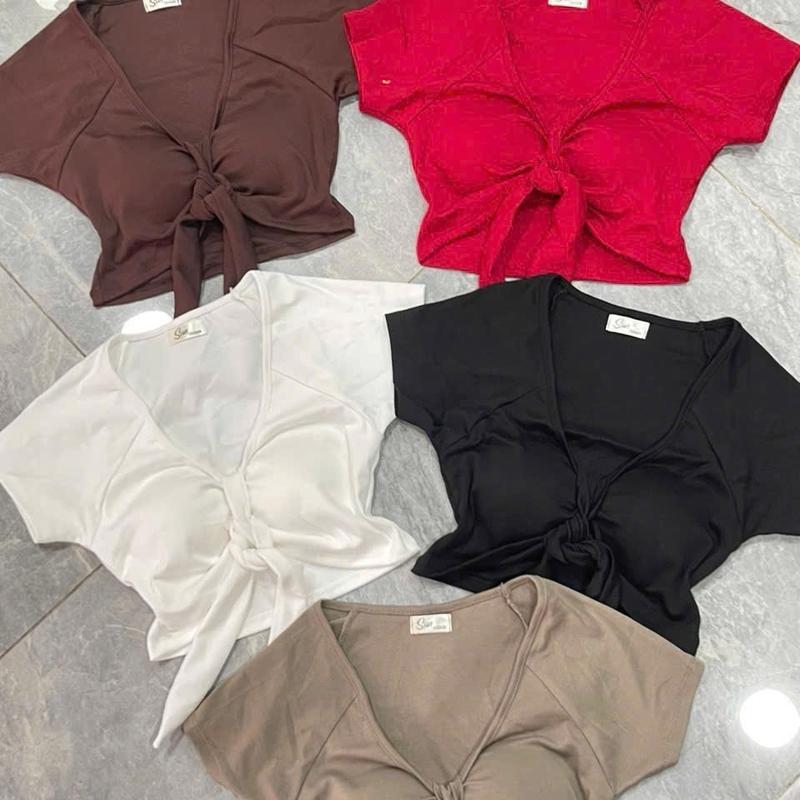 Áo croptop tay ngắn có mút cột dây giữa tạo nơ xinh bozip mềm Cổ Tròn Women Nữ aosang chanh 6