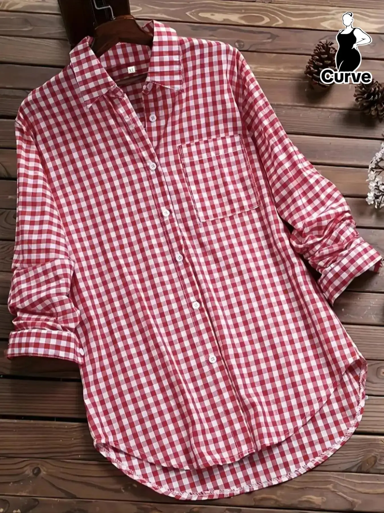 Plus Size Gingham Print Button Front High Low Shirt, Casual Long Sleeve Pocket Top for Spring & Fall, Women's Clothes for Daily Wear