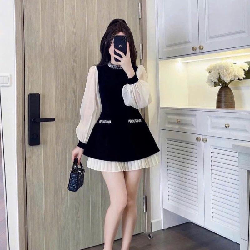 Váy nữ Váy Thiết Kế Đính Đá Ngọc Đầm Viền Cổ Tà Váy Phối Xếp Ly Tơ Óng Tiểu Thư Màu Đen Nhung Sang Chảnh 7