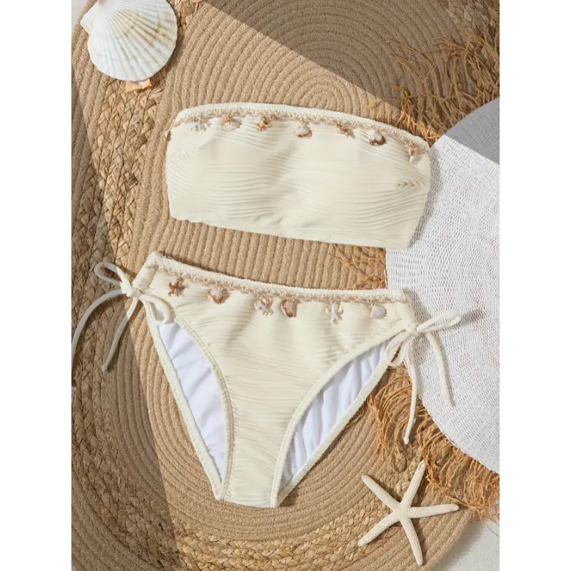 Women's fashionable sea wave fabric starfish shell accessories sexy bikini two-piece swimsuit 0
