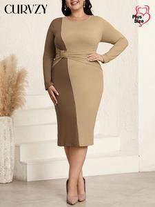 CURVZY Plus Size Colorblock Ruched Split Hem Round Neck Bodycon Dress, Casual Long Sleeve Crew Neck Dress for Daily Outdoor Wear, Women Clothing for All Seasons