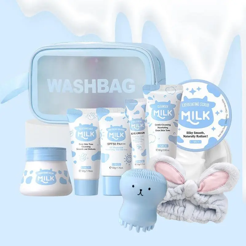 Milk Skin Care Set for Christmas Gift, Facial Cleanser & Body Scrub & Hand Wax & Eye Cream & Sunscreen & Storage Bag & Headband & Manual Facial Cleansing Tool, Girlcult, Gifts