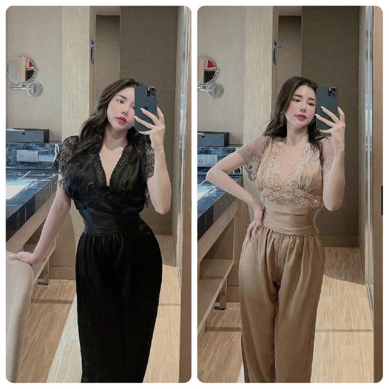 [ Form nhỏ SIZE S - EO<68] Đồ bộ tay ren ngắn, áo ngắn tay, quần dài chất liệu lụa DB4MTNR1 Nữ Top Women Trắng