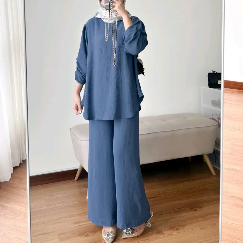 Raveena One Set Tangan Kerut | Setelan Baju Atasan Wanita Dewasa Muslim Karet Crinkle Airflow | Celana Kulot Panjang 2