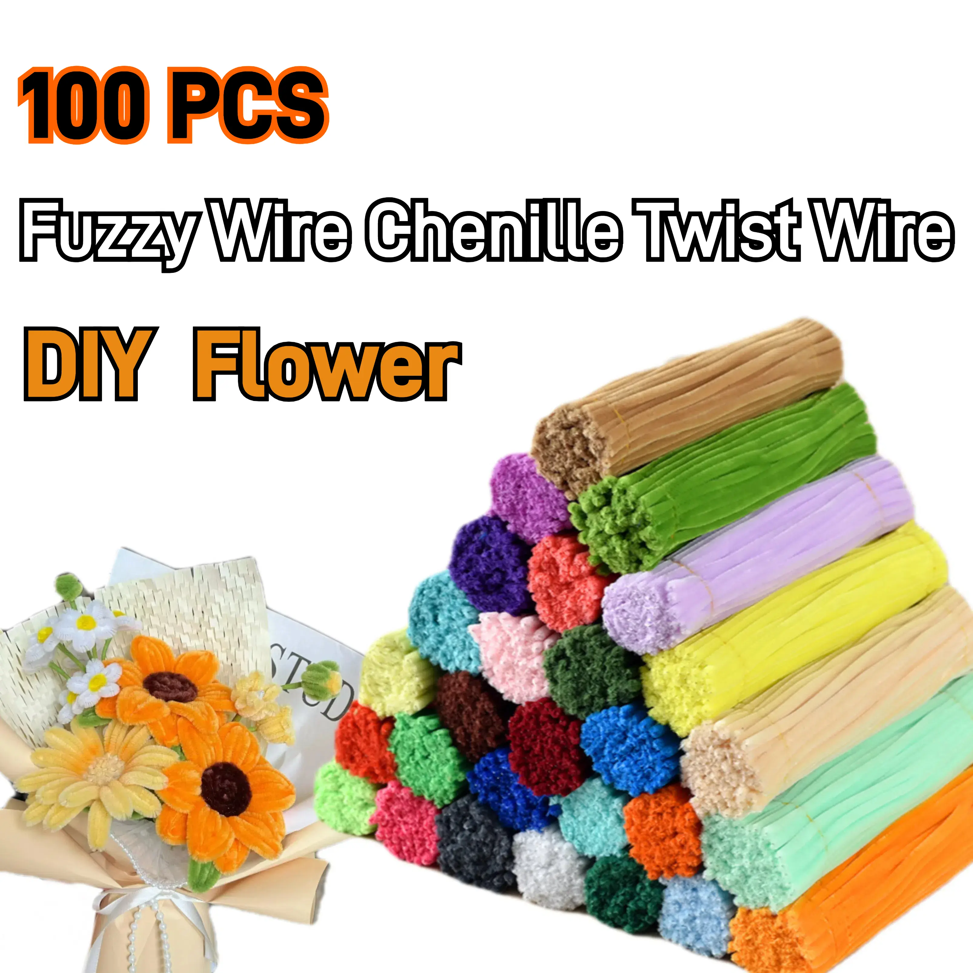 100pcs Fuzzy Wire / Chenille Twist Wire for DIY Flower Pipe Cleaner ...