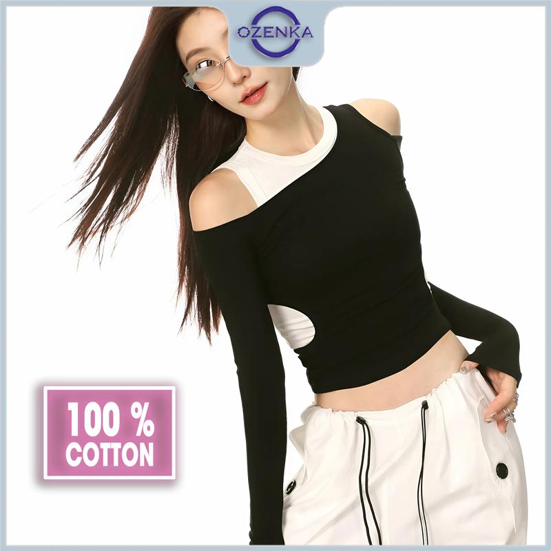 Áo croptop tay dài thể thao hở vai sang chảnh nữ ozenka áo thu đông crt đẹp thun cotton đen cải trắng Áo Thun Cổ Tròn Sport Tập Aerobic Tập Thể Dục Tập Gym Đồng Chạy Bộ