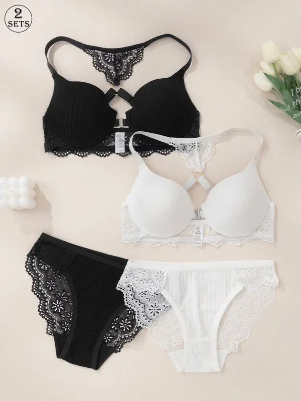 Women's Solid Color Lace Bra & Panty Two-Piece Set, Adjustable Strap Push Up Bra & High Waist Panty, Lingerie Set for Women 3