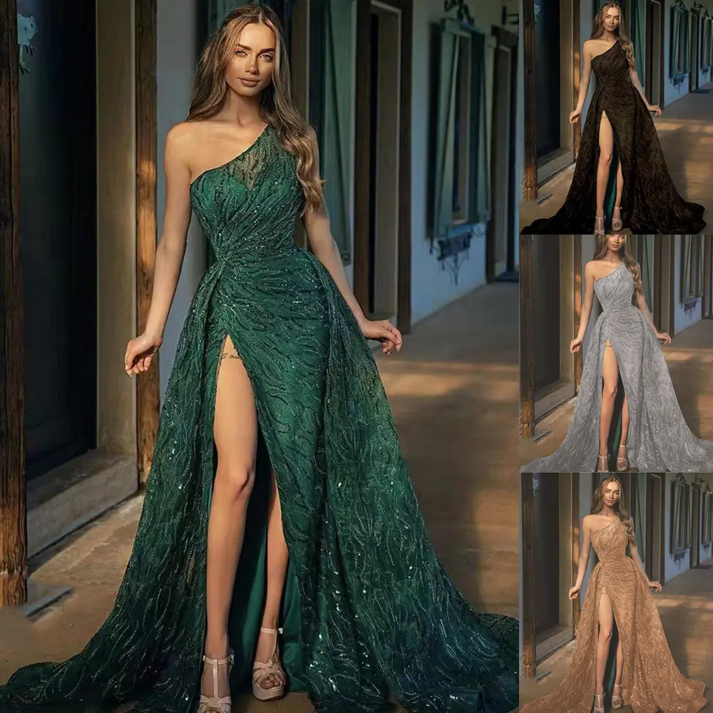 2025 Spring and Summer New European and American Women's Clothing off-Shoulder Split Dress Toast Dress Sequin Sling Evening Dress