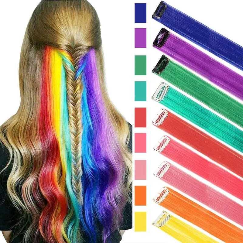 Color improvementLong Straight Rainbow HairPiece Extensions Clip In Streak Pink Synthetic Hair Piece Strands on Clips