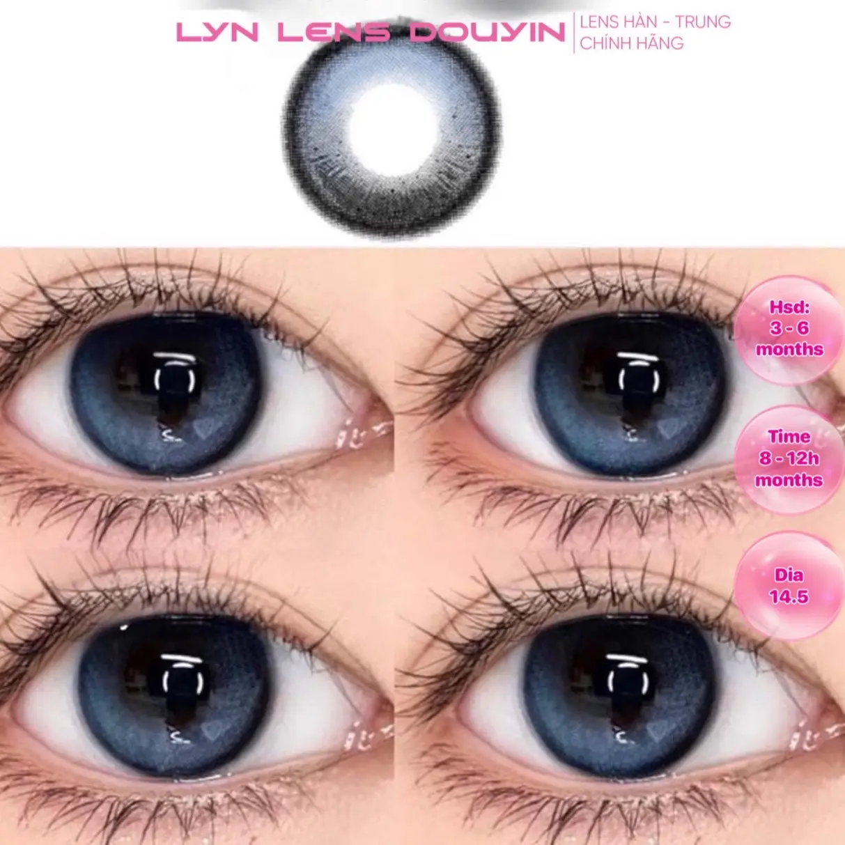 Lyn Lens - Kính áp tròng xanh dương fiter hotdouyin giãn to 14,5mm ( Doris blue - 0 đến 7 độ)